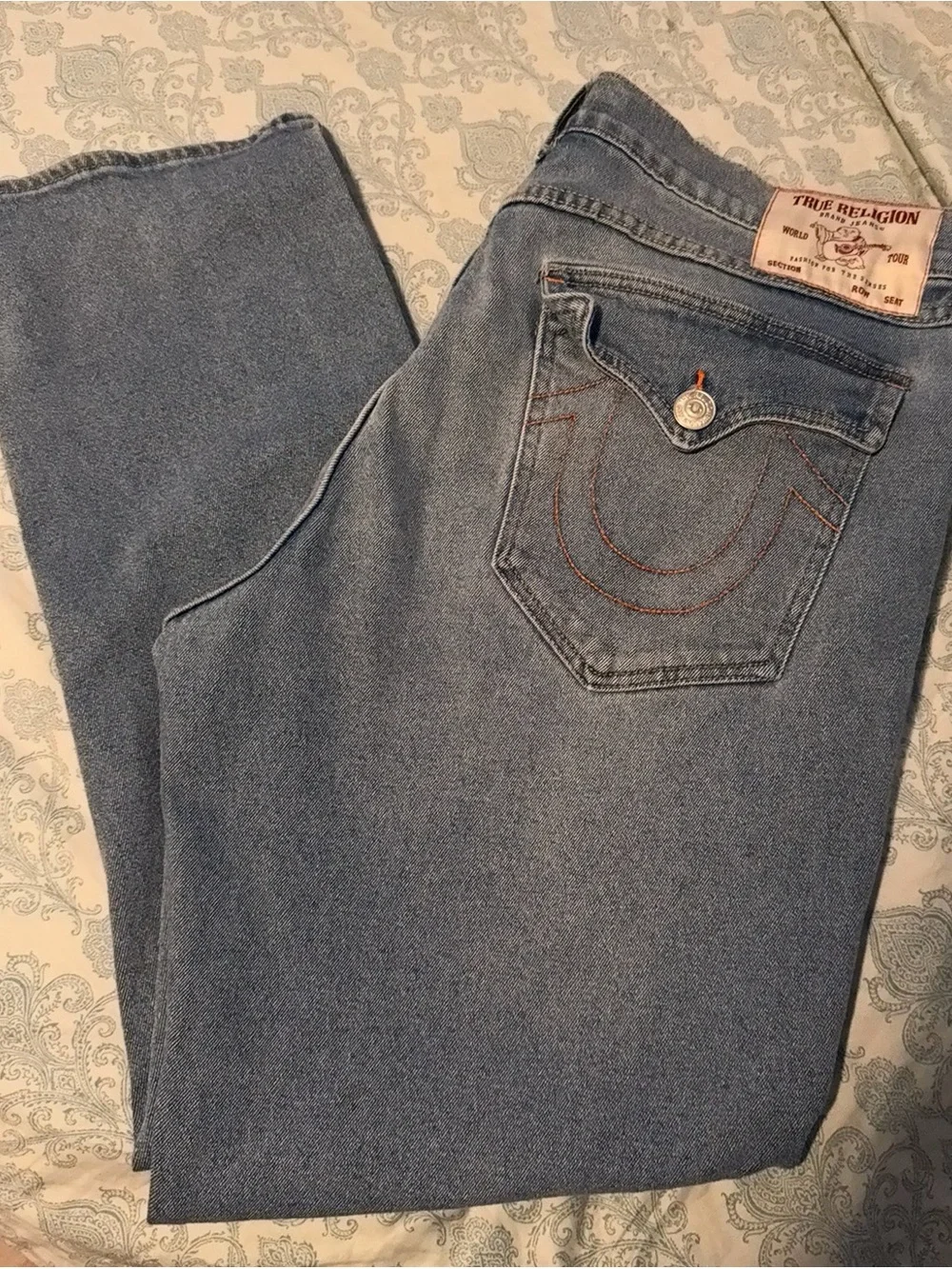True Religion Straight Leg Light Blue Denim Jeans with Signature Pocket